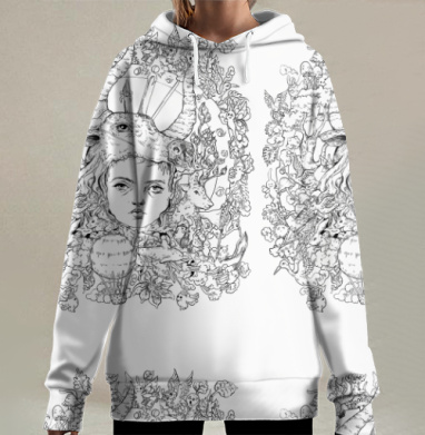 Мистический ребёнок с рогами и лесными символами живыми элементами, Hoodie Long Oversize 3D