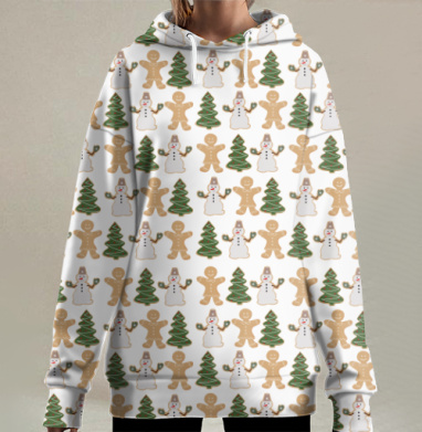 Имбирные пряники рождественские ёлки снеговик праздник к празднику, Hoodie Long Oversize 3D