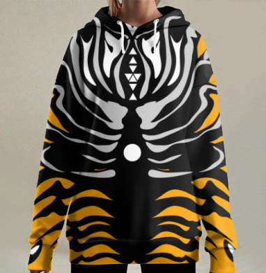 Стилизованное лицо тигра с геометрией мощь сила, Hoodie Long Oversize 3D