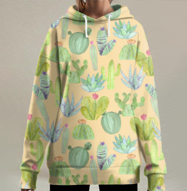 Акварельные зелёные кактусы на светлом песчаном фоне, Hoodie Long Oversize 3D