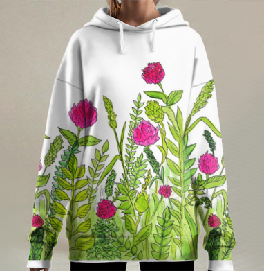 Малиновый клевер и свежая зелень полевых цветов, Hoodie Long Oversize 3D