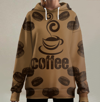 Чашка кофе зерна коричневый теплый уют, Hoodie Long Oversize 3D