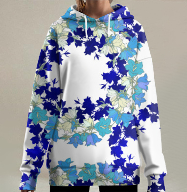 Колокольчики. Синее на белом, Hoodie Long Oversize 3D