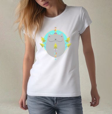 Милый серый кот в праздничном стиле flat design, Футболка женская белая 180гр