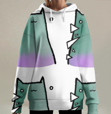 Зеленовато фиолетовый кот с шипами сером фоне, Hoodie Long Oversize 3D