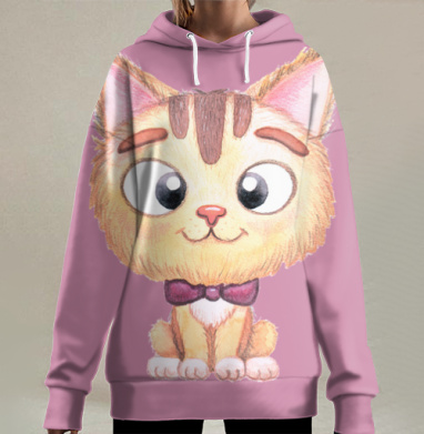 Милый котик с фиолетовым бантом сидит спокойно, Hoodie Long Oversize 3D