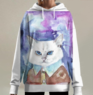 Белая кошка с голубыми глазами в рубашке акварелью, Hoodie Long Oversize 3D