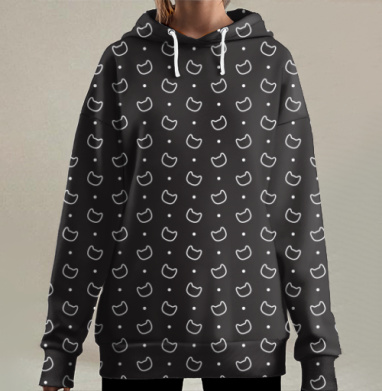 Монохромный узор с милыми силуэтами кошек, Hoodie Long Oversize 3D