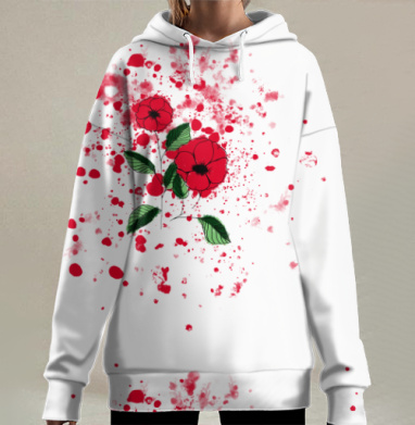 Красные цветы зелёные листья на фоне красных пятен, Hoodie Long Oversize 3D