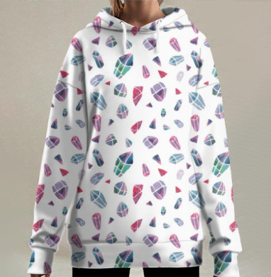 Акварельный принт с кристаллами и драгоценными камнями, Hoodie Long Oversize 3D