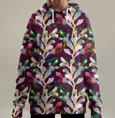 Кристалл растение в винном фоне сверкающие разноцветные кристаллы, Hoodie Long Oversize 3D