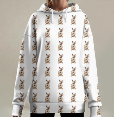 Милый кролик в акварельном узоре, Hoodie Long Oversize 3D