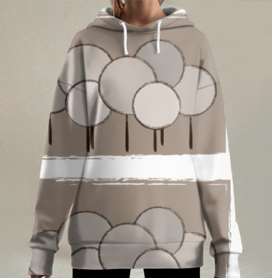 Круглые деревья на сером фоне с рваной рамкой, Hoodie Long Oversize 3D