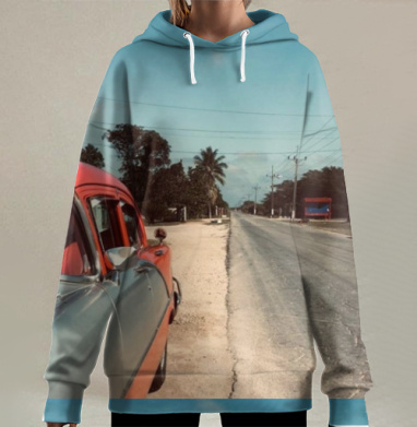 Ретро автомобиль на дороге к новым приключениям, Hoodie Long Oversize 3D