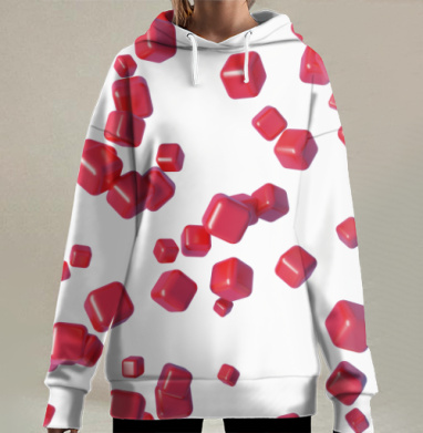 Красные скругленные кубы в движении на светлом фоне, Hoodie Long Oversize 3D