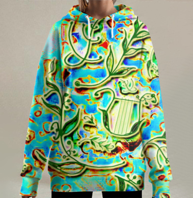 Лира Лавр Зеленый Весенний Светлый насыщенный узор, Hoodie Long Oversize 3D
