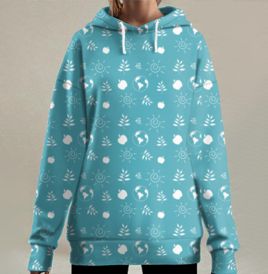 Экологический мотив с символами природы и солнца узор, Hoodie Long Oversize 3D