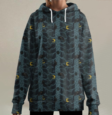 Мистический узор с воронами и кошачьими глазами, Hoodie Long Oversize 3D
