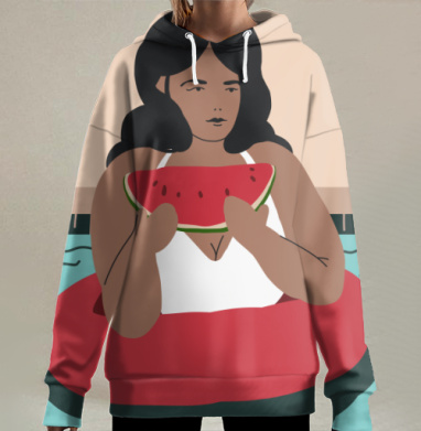 Летний отдых с арбузом на воде стиль минимализм, Hoodie Long Oversize 3D