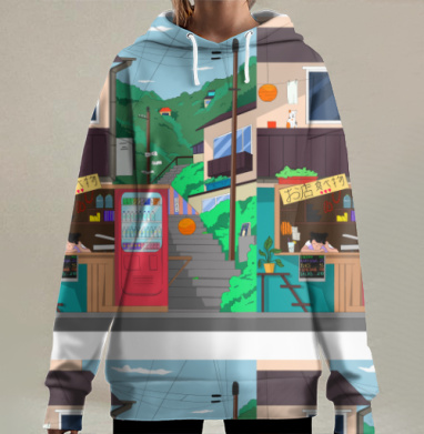 Тихий городской прилавок с задумчивой продавщицей на фоне зелени, Hoodie Long Oversize 3D