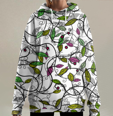 Зелёные листья и ягоды на ветвях осеннего леса, Hoodie Long Oversize 3D