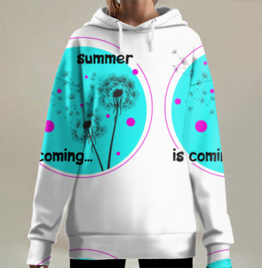 Символ летней свежести с одуванчиками и голубым кругом summer is coming, Hoodie Long Oversize 3D