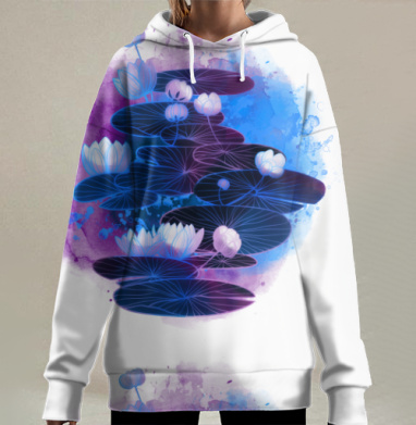Фантастические водяные лилии и лотосы в синих и фиолетовых тонах, Hoodie Long Oversize 3D