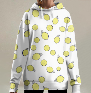 Свежие Жёлтые Лимоны на Сером Фоне, Hoodie Long Oversize 3D