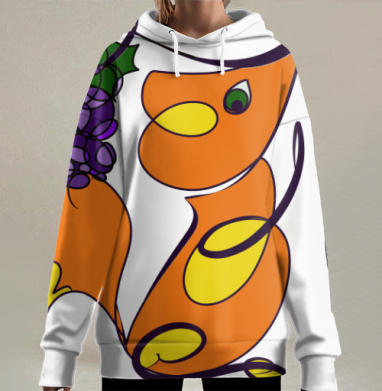 Рыжий лис тянется к винограду на сером фоне, Hoodie Long Oversize 3D
