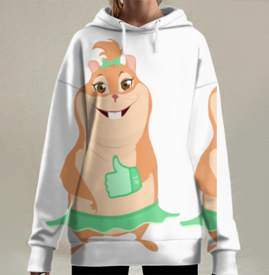 Улыбающаяся хомячиха с зеленой перчаткой лайком, Hoodie Long Oversize 3D