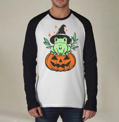 Witch Frog Pumpkin / Ведьма Лягушка Магия Хэллоуина Октябрь, Футболка длинный рукав / Мужчинам / Реглан / Принт