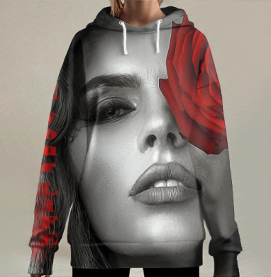 Женское лицо с красной розой и надписью Люби свою жизнь, Hoodie Long Oversize 3D
