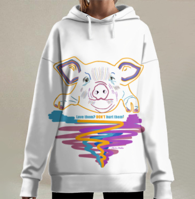 Неоновая голова свиньи с призывом к заботе, Hoodie Long Oversize 3D