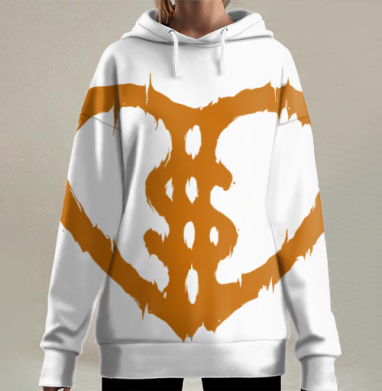 Оранжевое стилизованное сердце с элементами ребер на сером фоне, Hoodie Long Oversize 3D