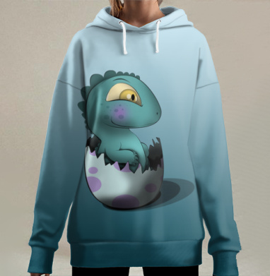 Милый синий ящеронок из яйца – символ надежды, Hoodie Long Oversize 3D