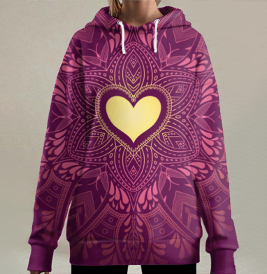 Симметричное сердце мандала с узорами в бордовом цвете, Hoodie Long Oversize 3D