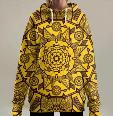 Мандала гармонии в тёмно-коричневом на жёлтом фоне, Hoodie Long Oversize 3D
