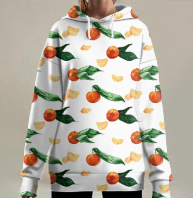 Свежие мандарины с зелеными листьями на полосатом фоне черном белом, Hoodie Long Oversize 3D