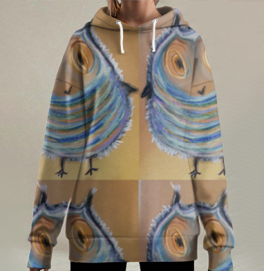 Сова в мягких оттенках синего и оранжевого с белым на фоне, Hoodie Long Oversize 3D