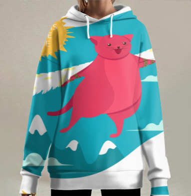 Розовый кот с белыми крыльями и надписью Мечты сбываются, Hoodie Long Oversize 3D