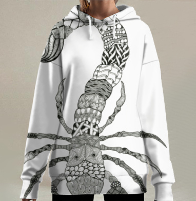 Графический рисунок скорпиона с узорами медитативный черный и белый, Hoodie Long Oversize 3D