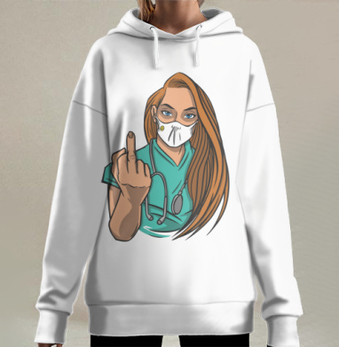Медсестра показывает средний палец в голубой форме, Hoodie Long Oversize 3D