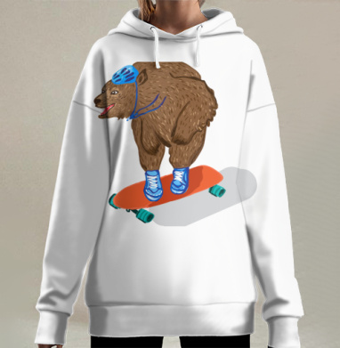 Медведь едет на скейте активный спорт на скейтборде, Hoodie Long Oversize 3D