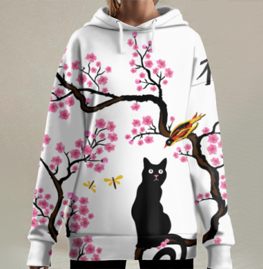 Черный кот на ветке сакуры с птицей и стрекозами на сером фоне, Hoodie Long Oversize 3D