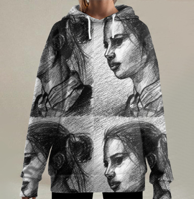 Реалистичные карандашные портреты задумчивой девушки, Hoodie Long Oversize 3D