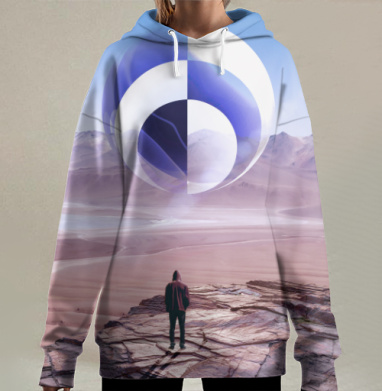 Человек смотрит воздушный расколотый шар над пустыней, Hoodie Long Oversize 3D
