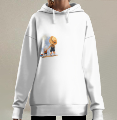Мама и ребенок на пляже в тёплых тонах вместе идти вперед, Hoodie Long Oversize 3D