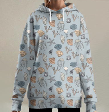 Морские раковины кораллы и медузы на голубом фоне, Hoodie Long Oversize 3D