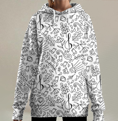 Осенняя музыкальная тема с нотами и листьями в линиях, Hoodie Long Oversize 3D