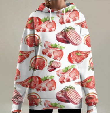 Реалистичный акварельный натюрморт с мясом и зеленью, Hoodie Long Oversize 3D
